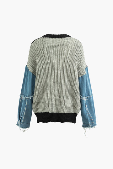 Contrast Denim Stitching Round Neck Sweater