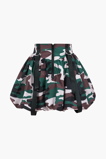 Camo Print Zipper Puff Skirt