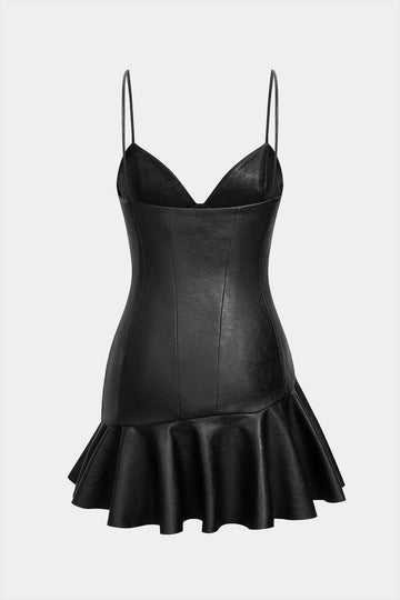 Faux Leather Asymmetrical Ruffle Hem Slip Sleeveless Mini Dress