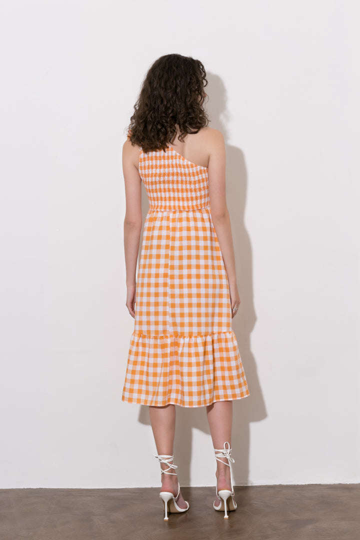 One Shoulder Check Print Maxi Dress