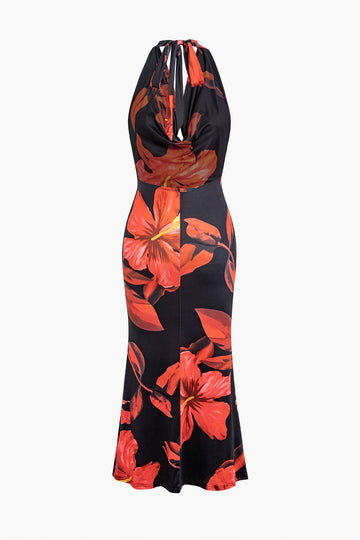 Floral Print Cowl Neck Halter Maxi Dress