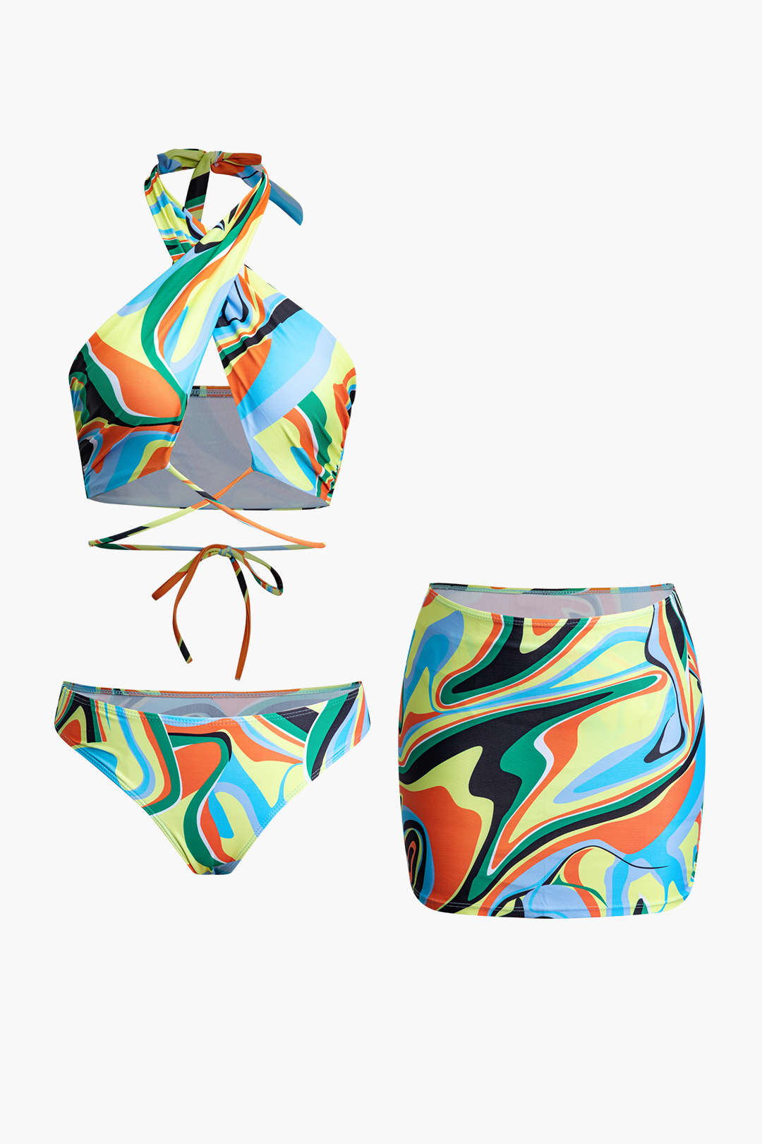 Swirl Print Cross Halter Bikini And Cover Up Skirt 3-Piece Set