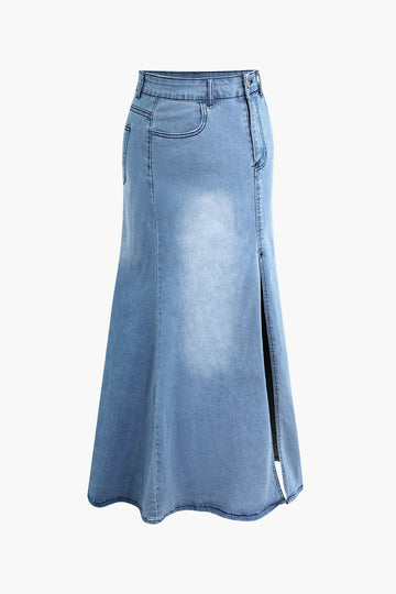 Faded Split Denim Maxi Skirt