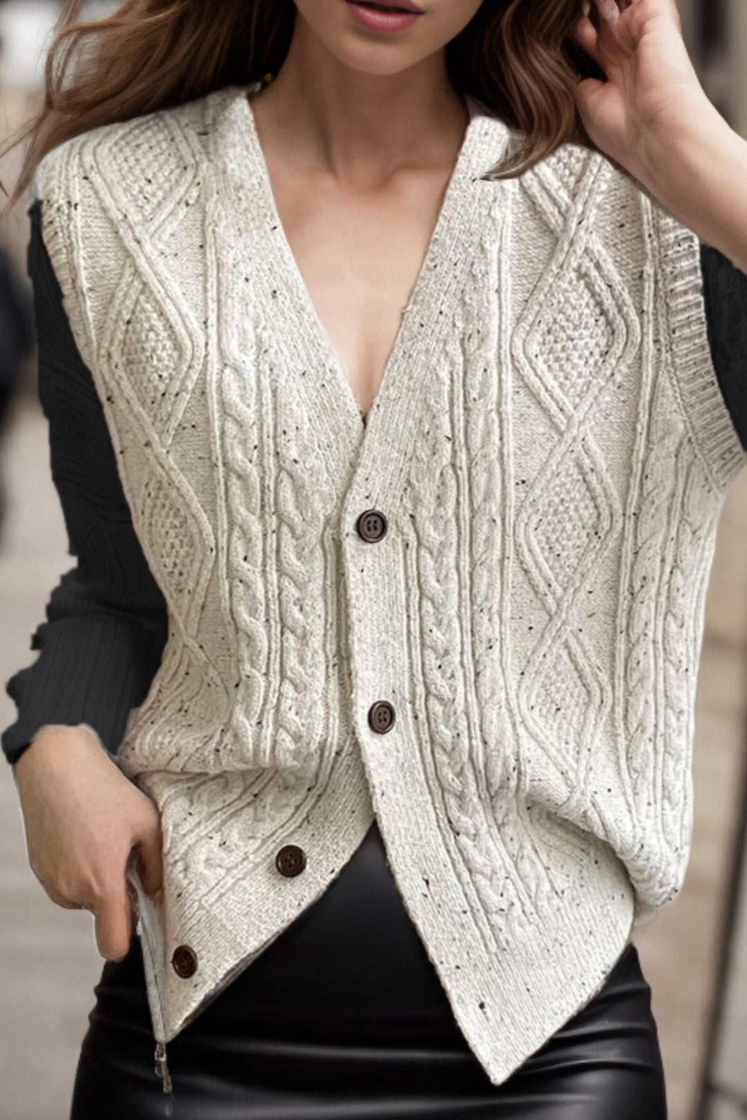 V-neck Button Up Dotted Cable Knit Vest