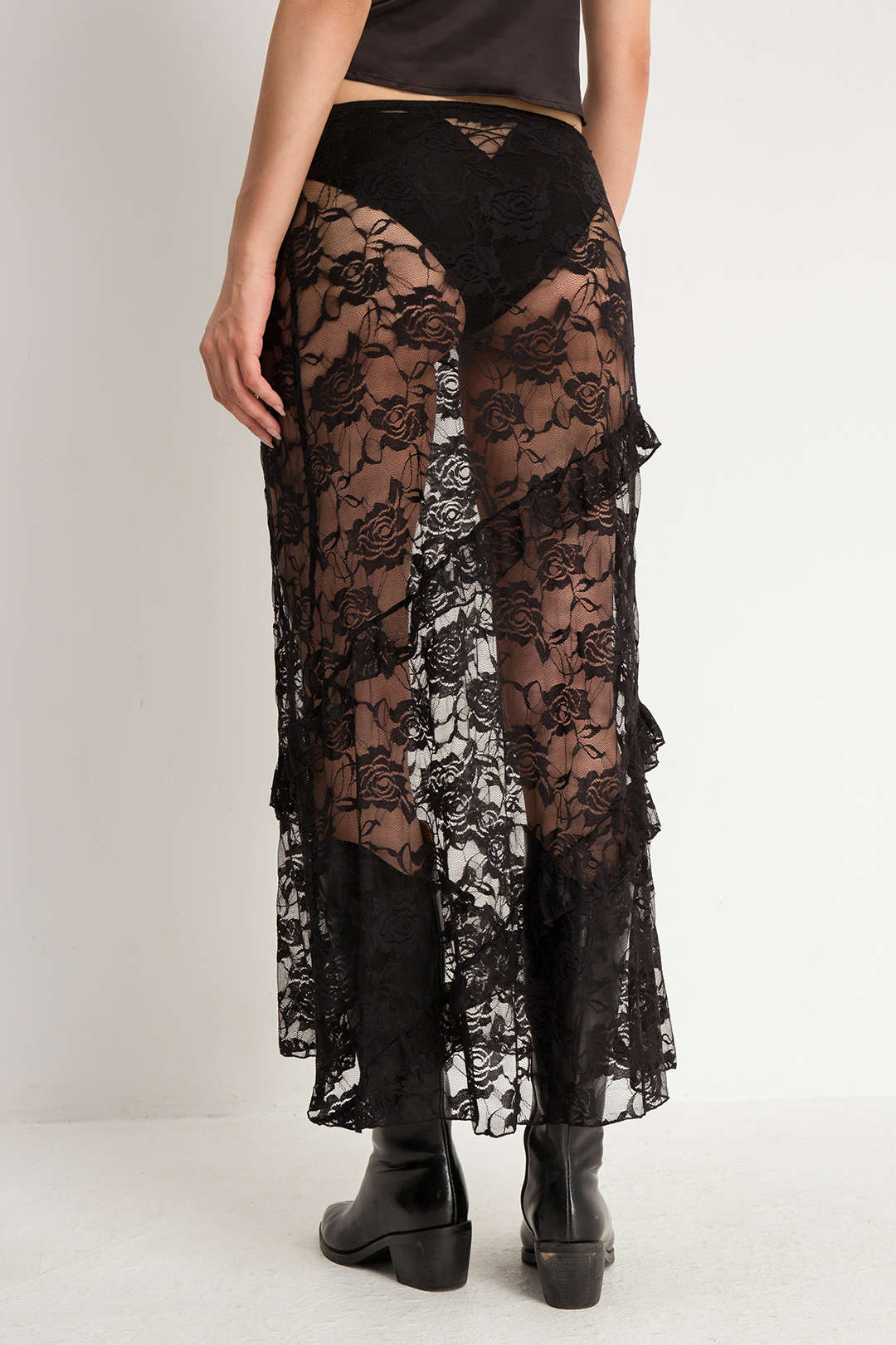 Floral Lace Sheer Frill Detail Maxi Skirt