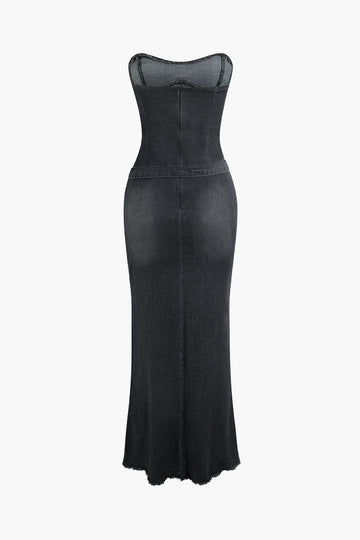 Strapless Denim Belted Maxi Dress With Choker