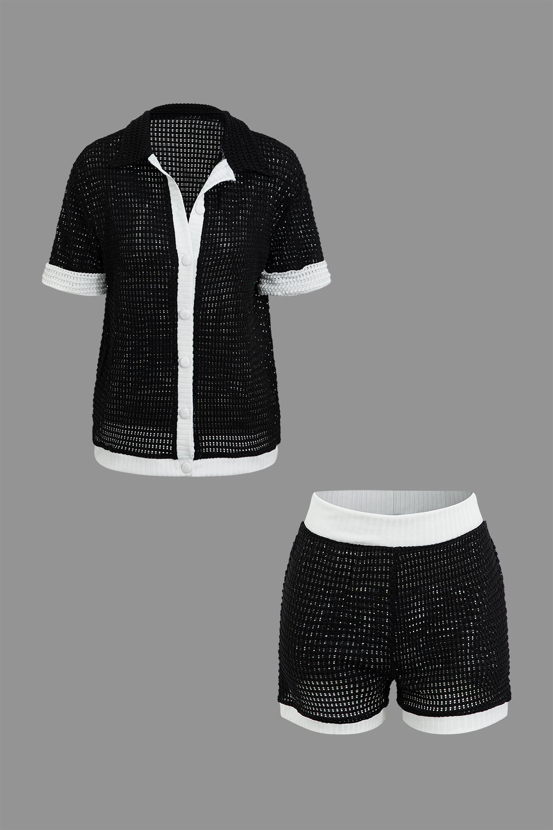 Contrast Collared Button Up Open Knit Shirt And Shorts Set