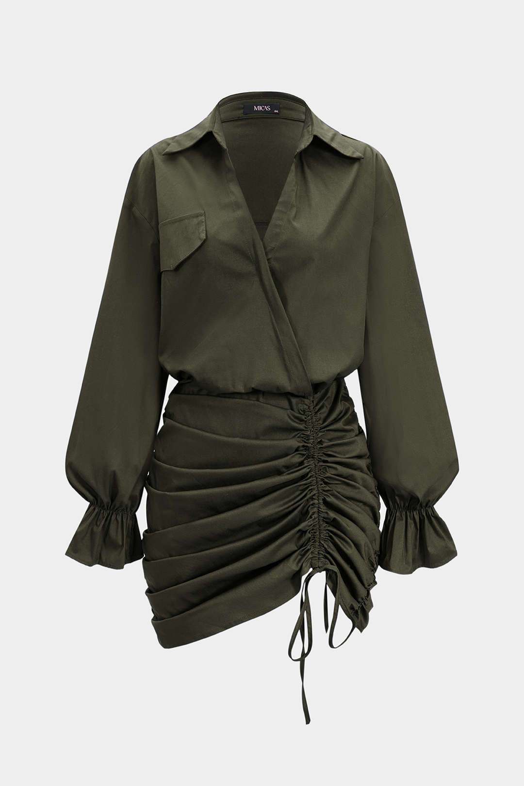 Ruched V-Neck Drawstring Ruffle Long Sleeve Mini Dress