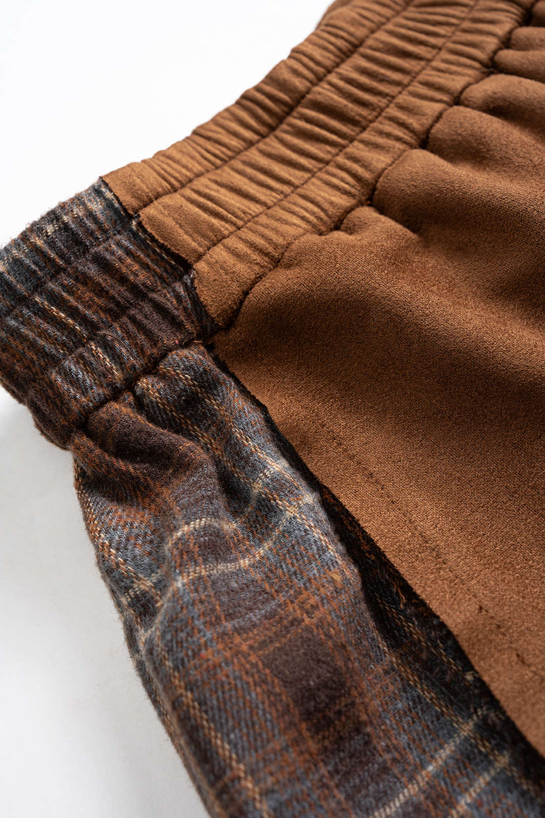 Plaid Print Suede Patchwork Shirred Waistband Pants