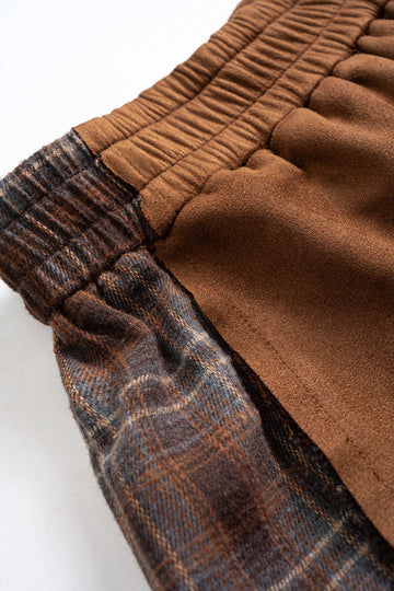 Plaid Print Suede Patchwork Shirred Waistband Pants