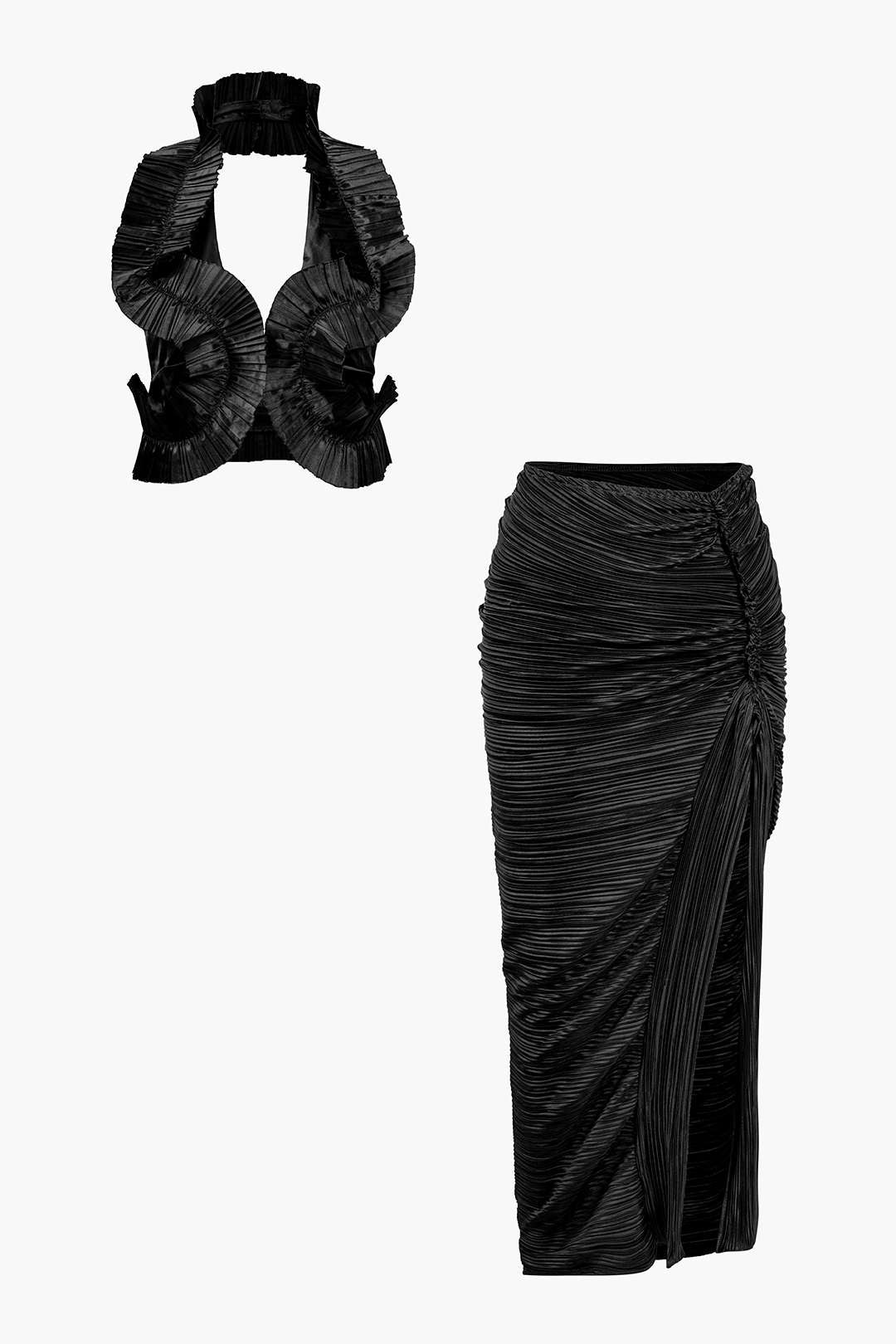 Pleated Halter Backless Top And Split Midi Skirt Set