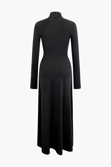 Cut Out Mock Neck Long Sleeve Pleated Maxi Dress