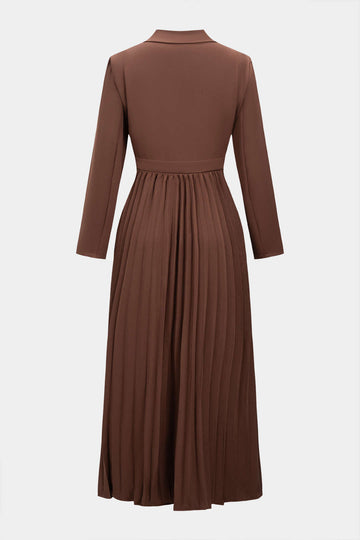 Notched Lapel Pleated Asymmetrical Long-Sleeve Maxi Dress