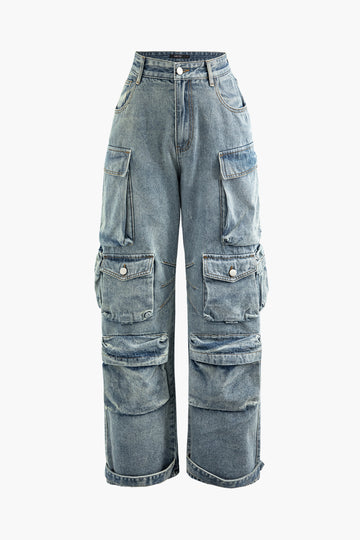 Multi Pocket Rolled Hem Wide Leg Cargo Jeans