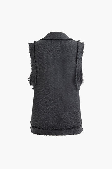 Frayed Trim Textured Tweed Collared Vest