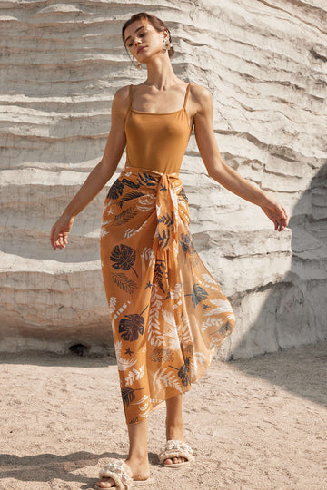 Solid Bodysuit And Leaves Print Knot Wrap Skirt Set