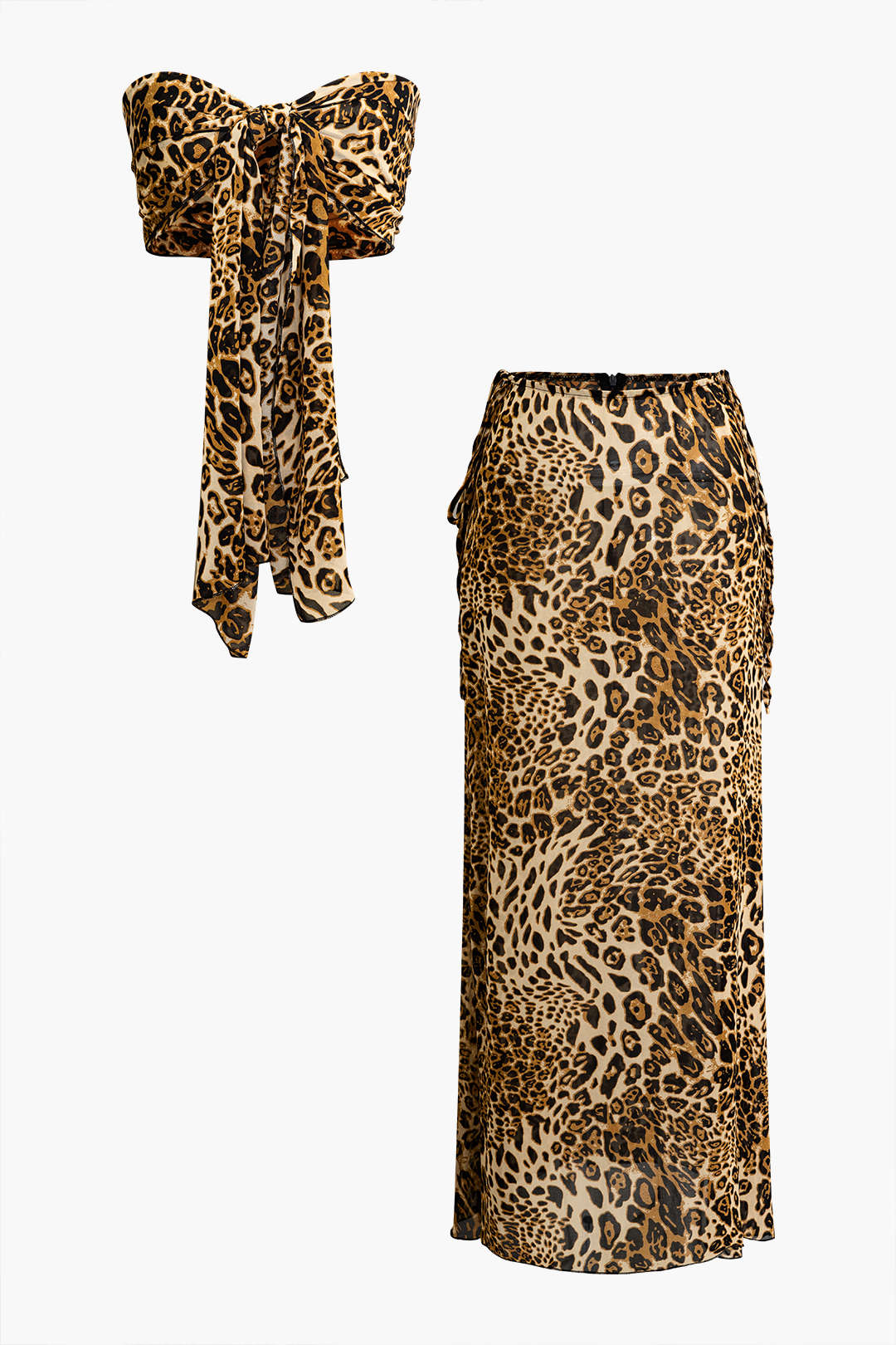 Leopard Print Strapless Tie-Front Crop Top and Maxi Skirt Set