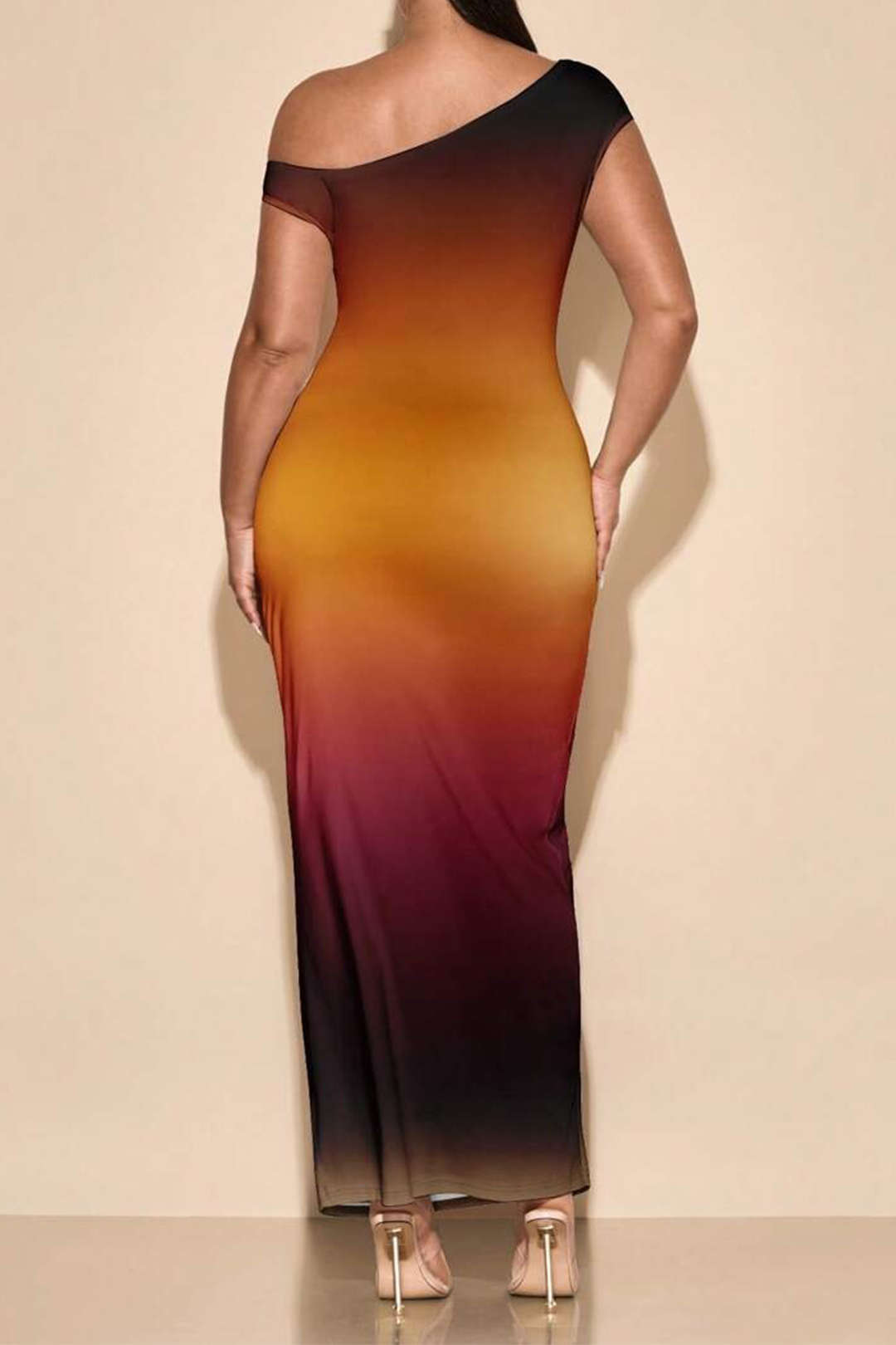 Plus Size Ombre Print Mesh Asymmetrical Sleeveless Maxi Dress