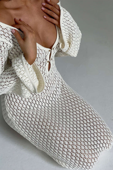 V-neck Crochet Open Knit Long Sleeve Maxi Dress