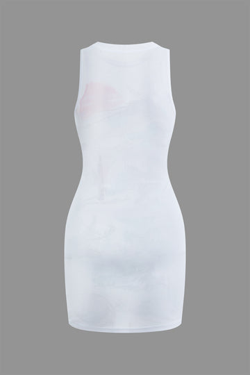 Chinoiserie Pattern Mesh Tank Mini Dress