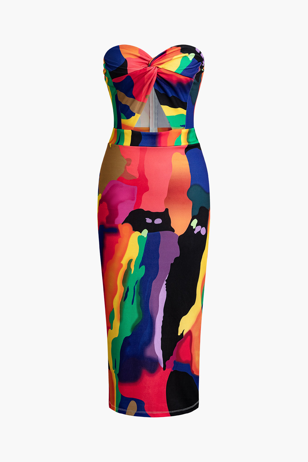 Abstract Print Cut Out Twisted Strapless Midi Dress