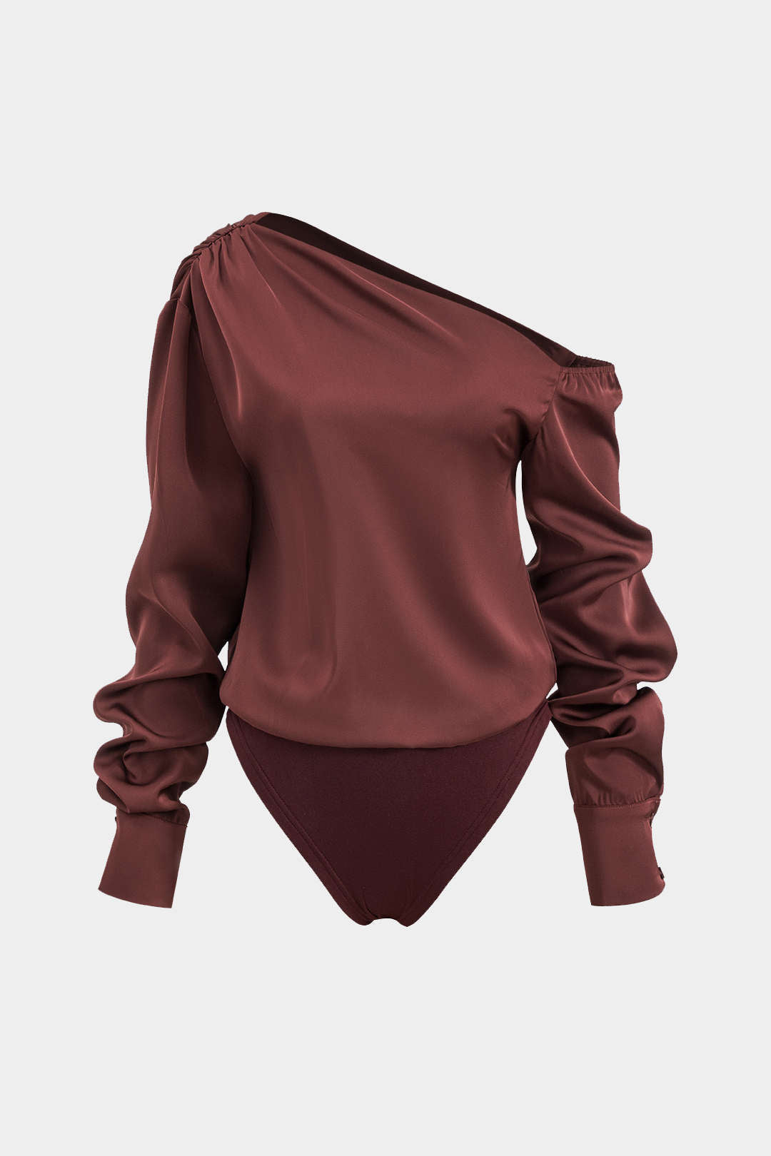 Satin asymmetrisk langærmet ruched bodysuit