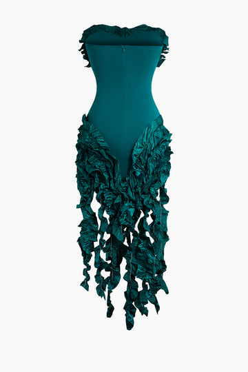 Ruffled Fringe Strapless Midi Dress