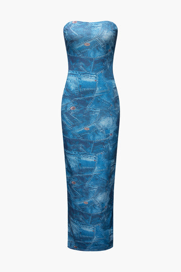Denim Print Back Slit Strapless Maxi Dress