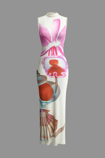 Floral Print Mock Neck Slit Sleeveless Maxi Dress