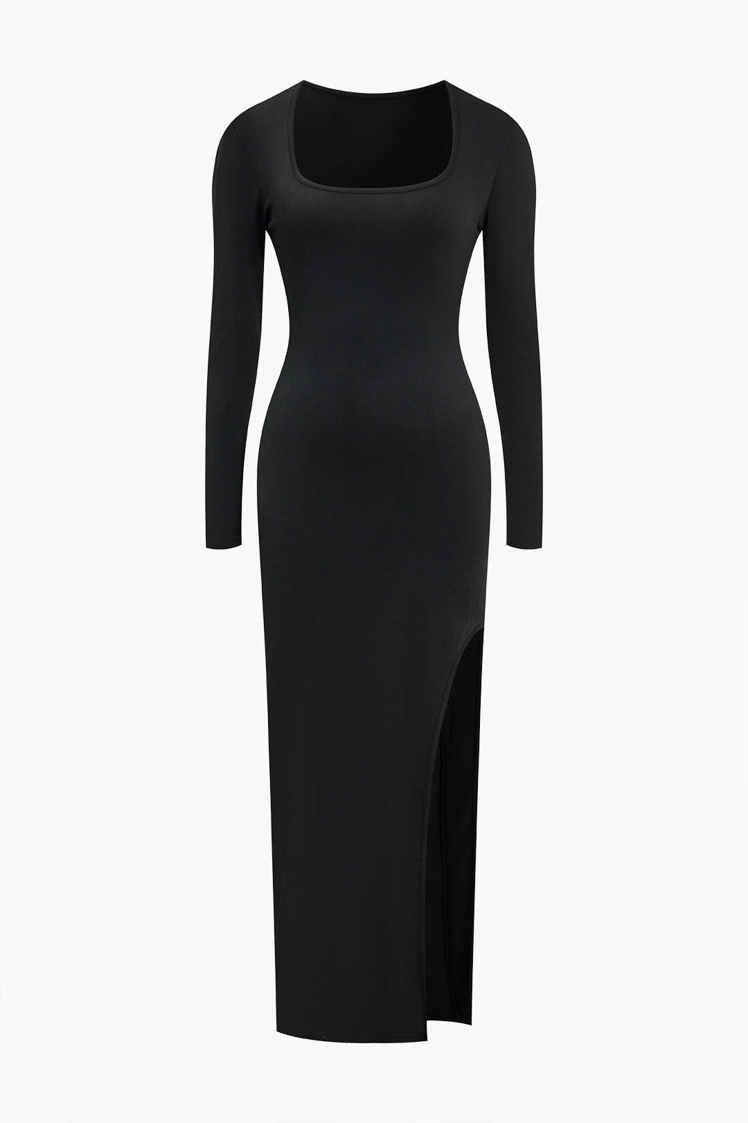 Solid High Slit Square Neck Midi Dress