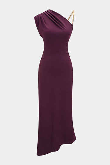 Ruched Asymmetrical Chain Slip Sleeveless Midi Dress