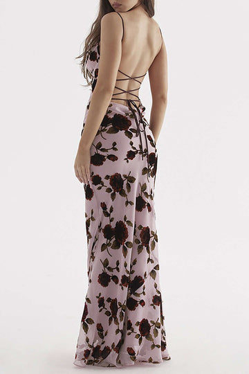 Floral Print Tie Mesh Backless Maxi Dress