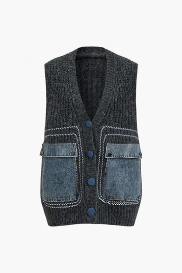 Denim Patchwork Pocket Sweater Vest