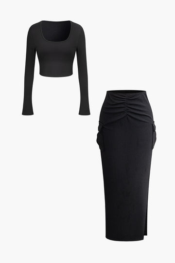 Solid Square Neck Long Sleeve Crop Top And Ruched Split Flap Pocket Maxi Skirt Set