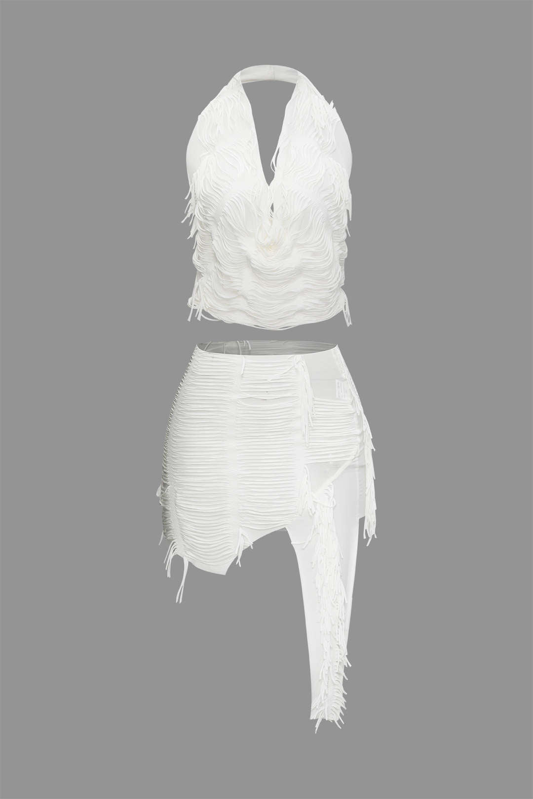 Distressed Halter Cami Top And Asymmetrical Mini Skirt Set
