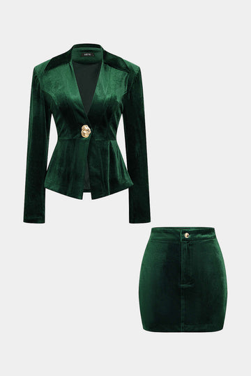 Metallic Button Zipper Shoulder Pads Long-Sleeve Top And Skirt Set