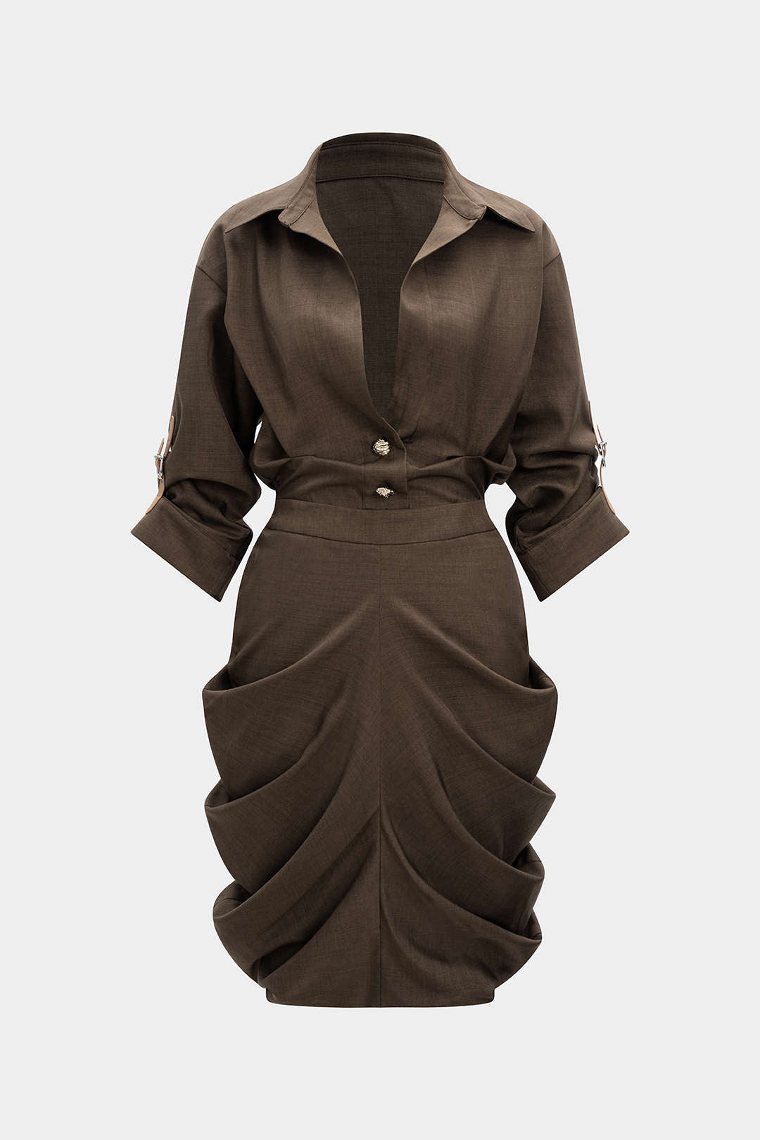 Ruched Button V-Neck Long Sleeve Midi Dress