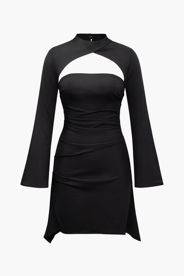 Cut Out Ruched Bell Sleeve Mini Dress