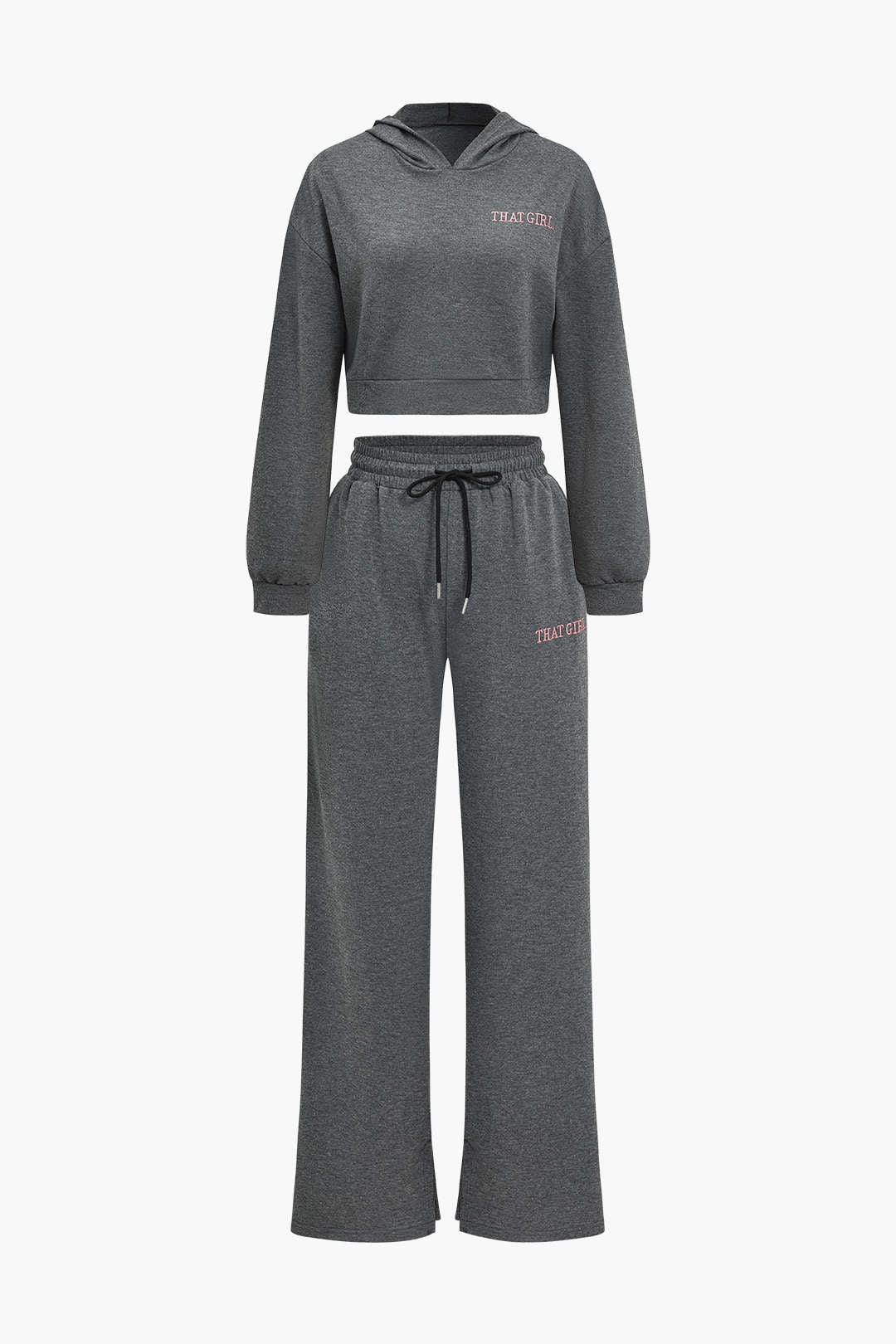 Letter Embroidery Hooded Top And Tie-Up Trousers Set