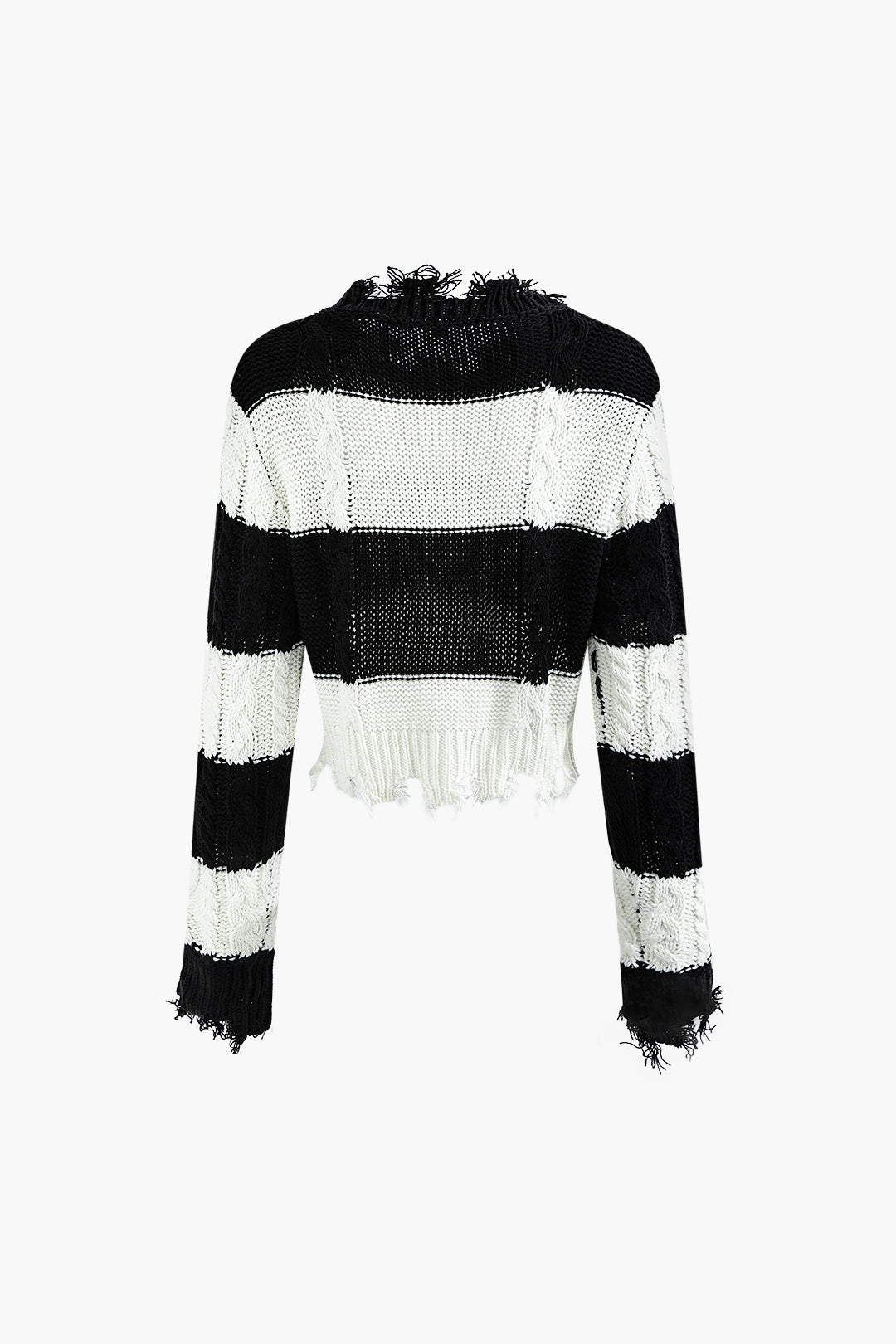 Stripe Frayed Trim Long Sleeve Cable Knit Sweater