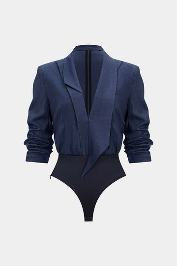 Notched Lapel Asymmetrical Long Sleeve Bodysuit