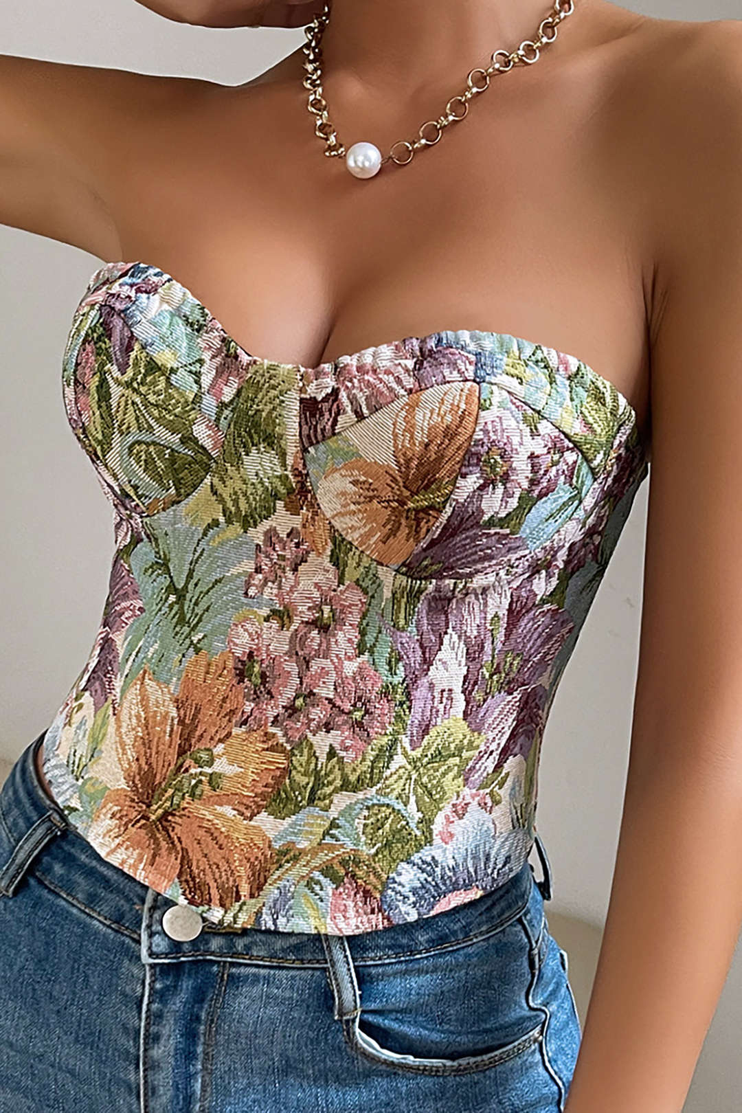 Retro Print Bustier Tie Back Tube Top