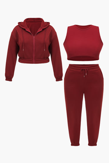 Plus Size Solid Tie Front Hoodie And Tank Top And Trousers Set