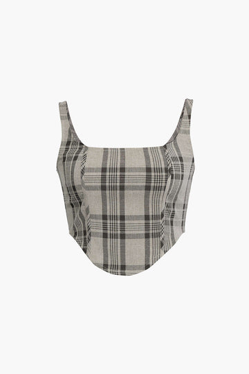 Checked Print Square Neck Cropped Top