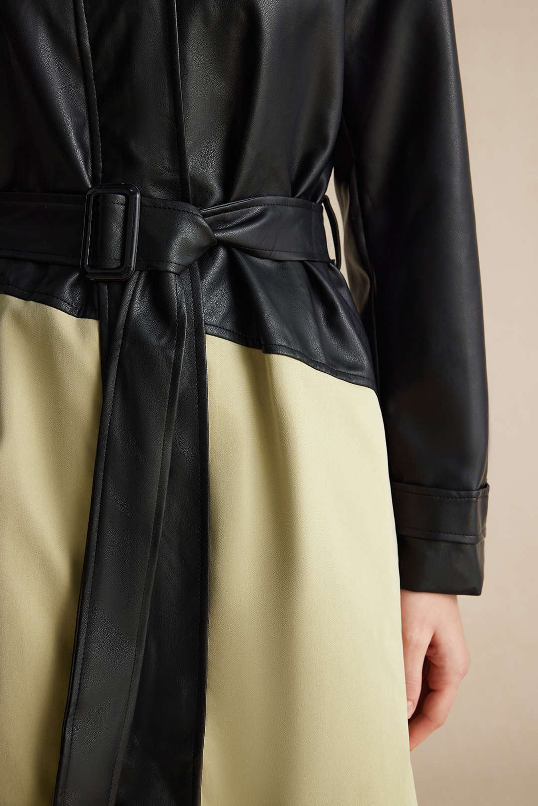 Contrast Faux Leather Patchwork Pocket Belted Coat