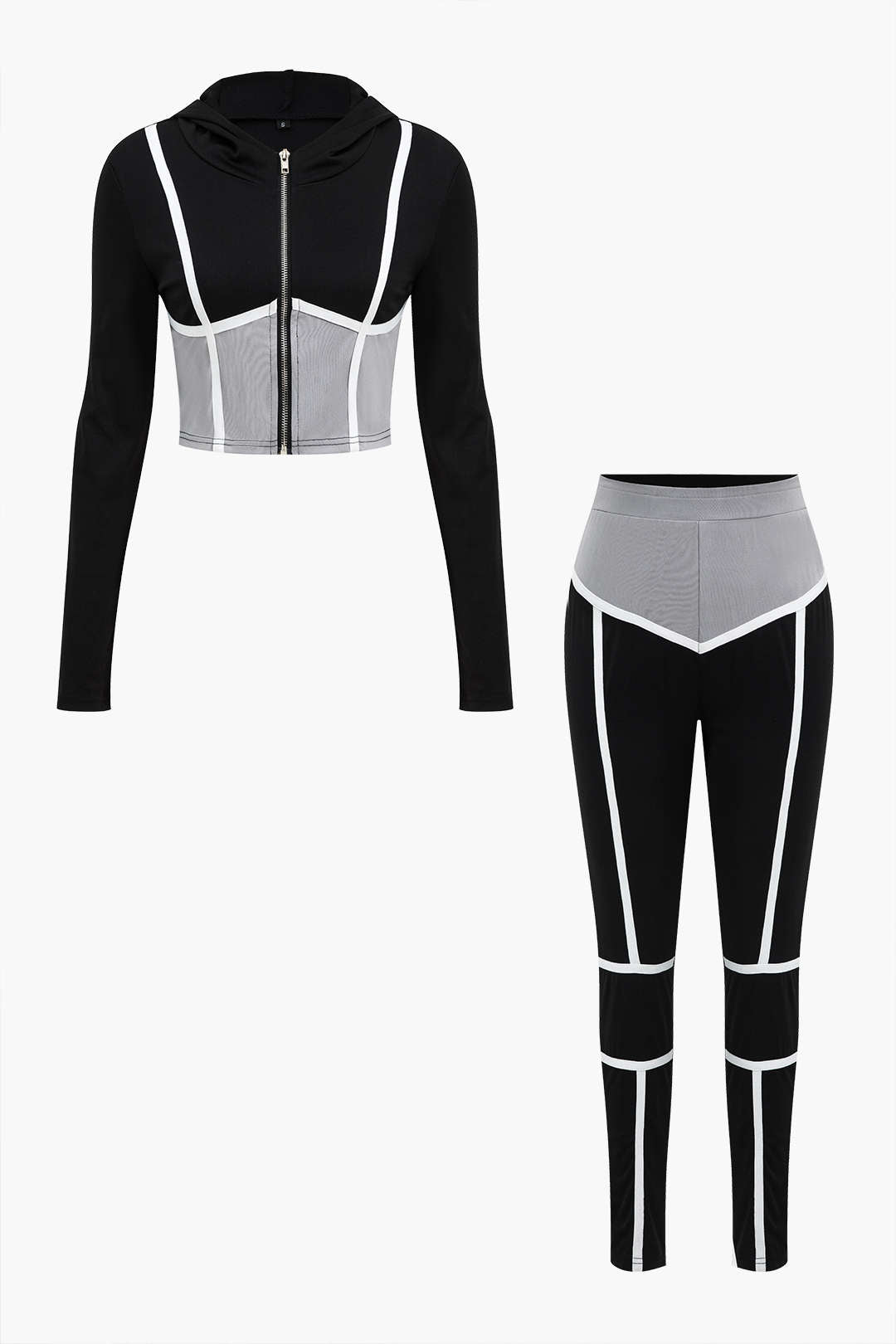 Colorblock Zip-Up Crop-jakke med hætte og leggings med høj talje