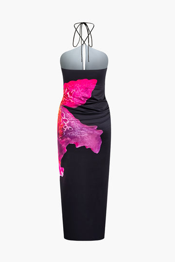Floral Print Halter Slit Maxi Dress
