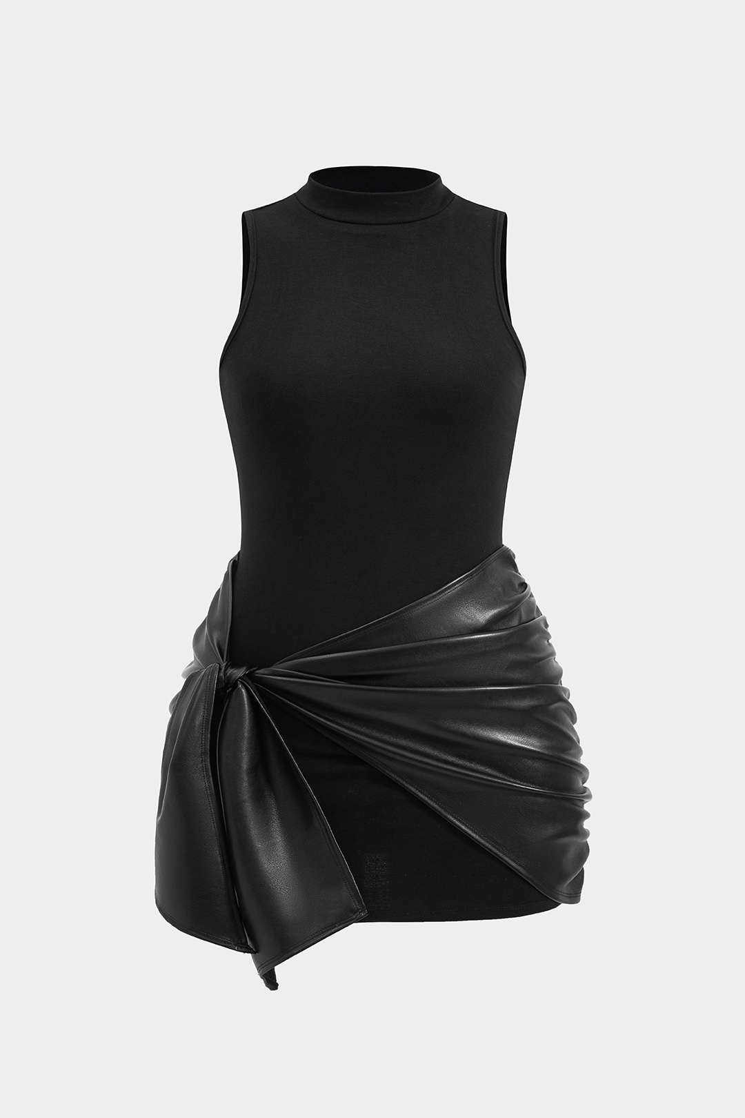 Plus Size Faux Leather Patchwork Tie Front Sleeveless Mini Dress