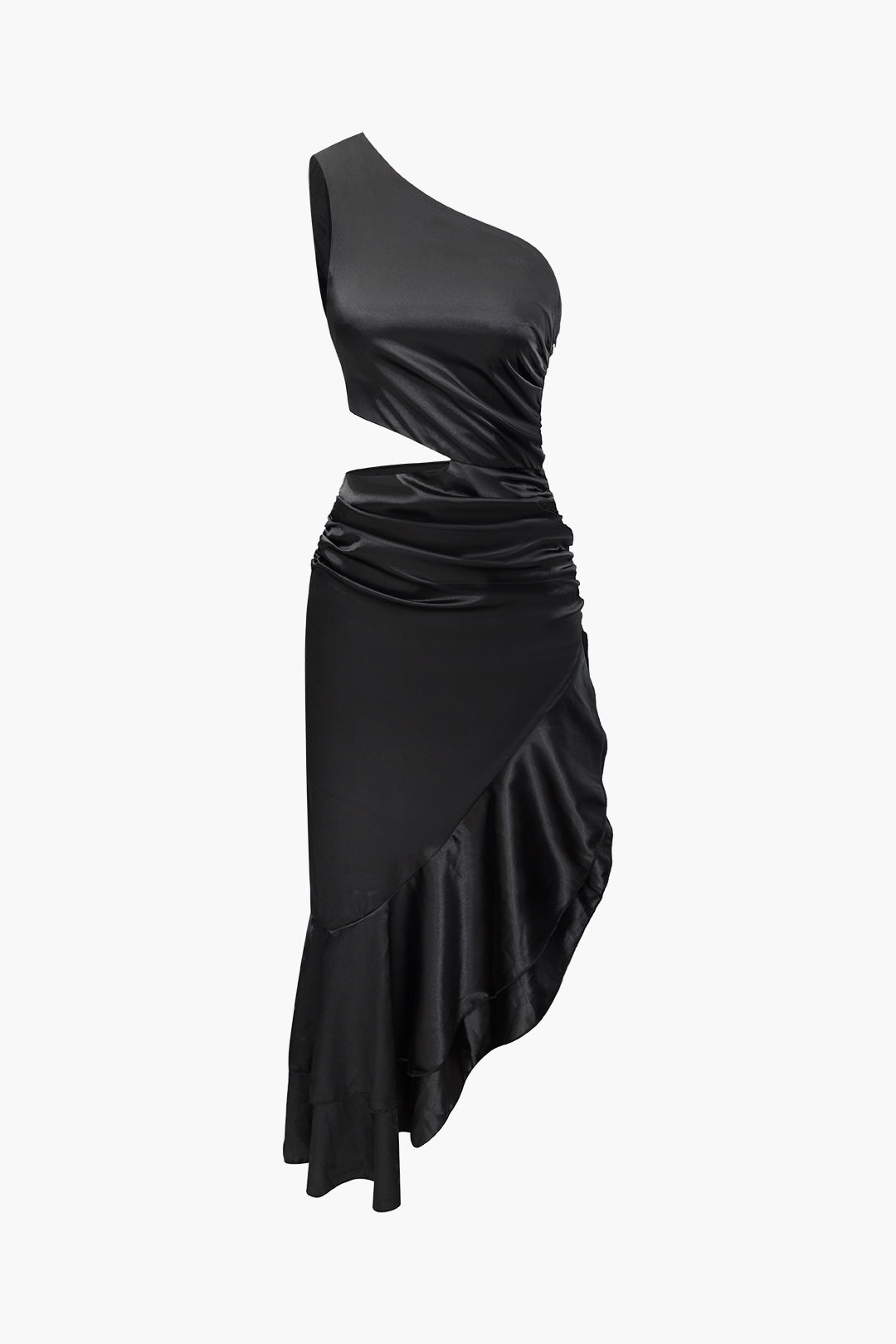 One Shoulder Asymmetric Ruched Satin Maxi Dress