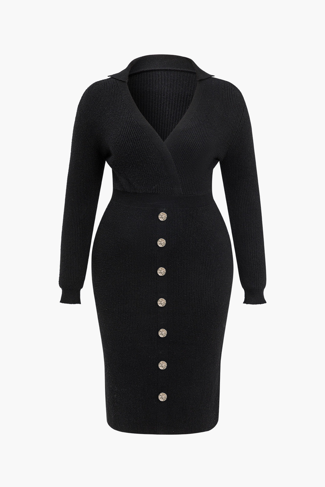 Plus Size Sweater Solidu Button Dress Crossed